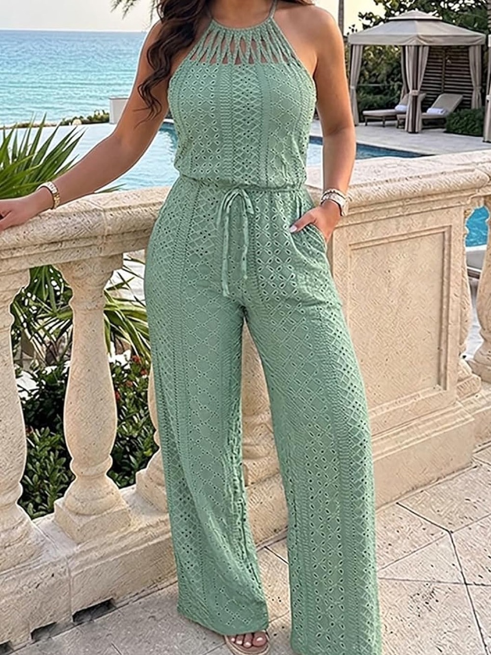 Sleeveless Sage Green Crochet Halter Jumpsuit